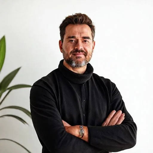 Abstract, spectral figure composed of swirling neon light (cyan) and translucent glass shards.